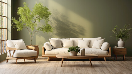 A cozy living room scene with a beige sofa and a minimalist table hosting a vibrant green plant....