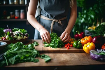 A young woman prepares a salad of fresh vegetables in her kitchen, hands in close-up. Proper nutrition, vegetarianism, intuitive nutrition, green vegetables, vitamins