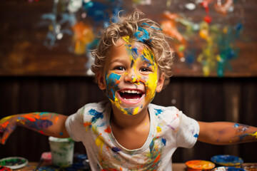 A young boy with a silly, excited expression, engaged in painting with paint on his face.