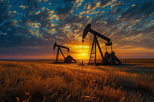 Oil field site, in the sunrise, oil pumps are running, The oil pump and the beautiful sunset reflected in the water, the silhouette of the beam pumping unit in the morning.