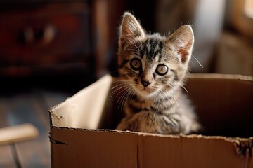 adorable stock photo of a kitten in a cardboard box