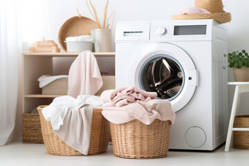 Basket with dirty clothes near washing machines in a laundry room