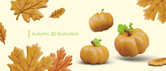 Horizontal template for autumn creative advertising banner. Seasonal sale. Layout with 3D elements and place for text. Ripe pumpkins and fallen leaves