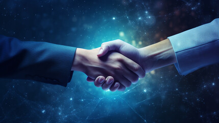 business handshake photo blue bokej background created with Generative Ai - obrazy, fototapety, plakaty