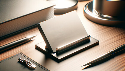 Sophisticated business card holder with metallic finish on wooden desk. Premium branding Generative AI