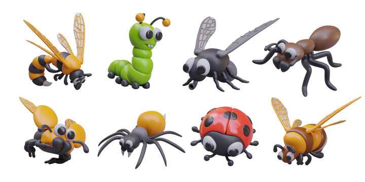 Large set of 3D insects in cartoon style. Wasp, caterpillar, fly, ant, scarab, spider, ladybug, bumblebee. Isolated color illustration for kids web design