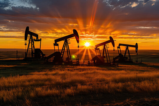 Oil field site, in the sunrise, oil pumps are running, The oil pump and the beautiful sunset reflected in the water, the silhouette of the beam pumping unit in the morning.