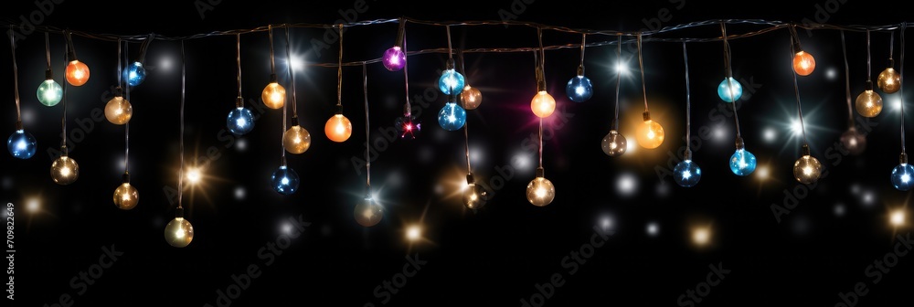 Poster christmas bokeh string lights on a black background for a photoshop overlay
