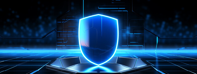 Cyber security concept: Shield With Keyhole icon on digital data background. Illustrates cyber data security or information privacy idea. Blue abstract hi speed internet technology. - obrazy, fototapety, plakaty