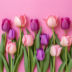Obraz premium Pink and Purple Tulips on Pink Background, top view, ai technology