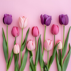 Pink and Purple Tulips on Pink Background, top view, ai technology