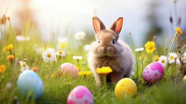 cute brown bunny hiding on green grass with colorful easter eggs background