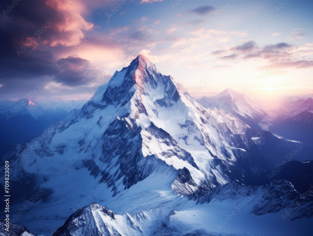 Poster twilight hues over a dramatic mountain range and snow fields. generative ai