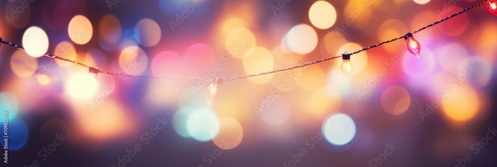 Poster colorful bokeh and retro string lights in festive background