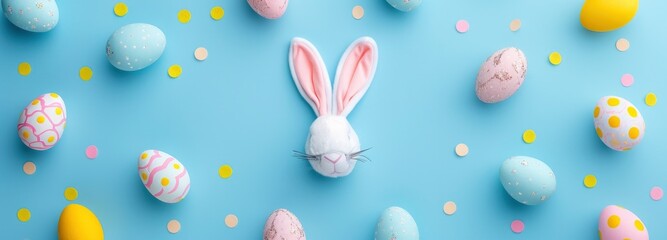 Easter party concept. Top view photo of easter bunny ears white pink blue and yellow eggs on isolated pastel blue background with copyspace in the middle - obrazy, fototapety, plakaty