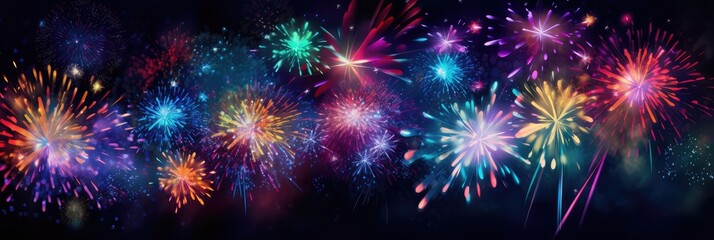 Colorful firework poster with lights on dark background, in the style of the stars art group