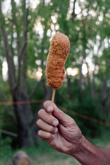 hand holding a corndog