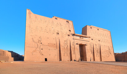 Ancient Egyptian relics in the Temple of Horus - Edfu, Egypt. - obrazy, fototapety, plakaty
