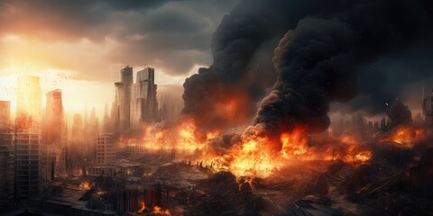 Destruction of city with fires, explosions and collapsing structures. Concept of war and disaster 