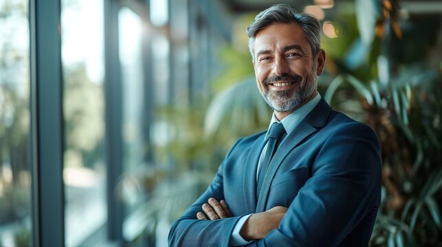 CEO of a happy company, standing with arms crossed in his office. Grinning, close-up.