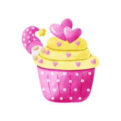 Valentine's Day concept. The yellow buttercream on the pink cupcake with a little gnome. Watercolor style.
