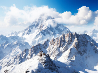 Fototapeta na wymiar Snowy mountain peaks rising above fluffy clouds under blue skies. Generative AI