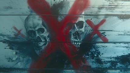 Disease X. Crossed out skull. A graffiti during a pandemic of unknown viral disease. A post-apocalyptic drawing despair. Image for blogger, ad campaign, post, banner or billboard. News Social Network