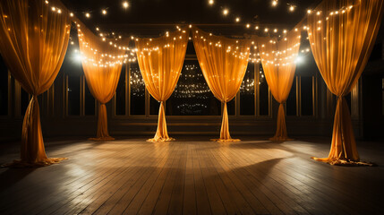Theater stage with golden curtains. 3d illustration - obrazy, fototapety, plakaty