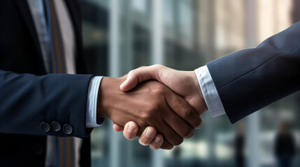 business handshake photo blurred office in the background created with Generative Ai