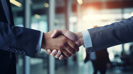 business handshake photo blurred office in the background created with Generative Ai