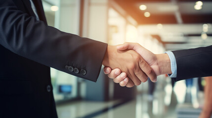 business handshake photo blurred office in the background created with Generative Ai