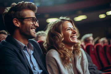 Engaged couple, man with beard sitting near attractive woman having fun, sitting at the cinema, watching a movie and eating popcorn. Friendship, entertainment concept. - obrazy, fototapety, plakaty