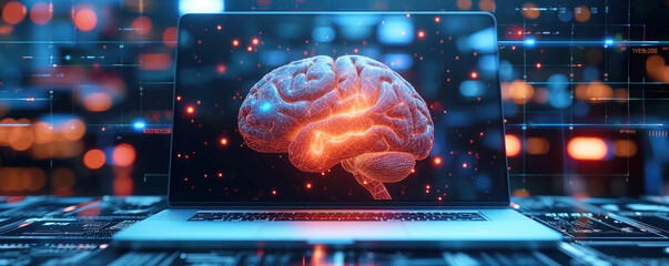 Illustration of the human brain on the desktop of the laptop. Artificial intelligence concept. - obrazy, fototapety, plakaty