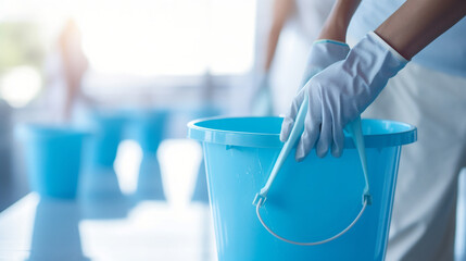 close up photography of a hand holding a light blue bucket for cleaning created with Generative Ai - obrazy, fototapety, plakaty