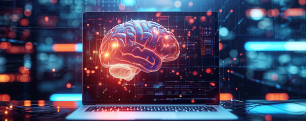 Illustration of the human brain on the desktop of the laptop. Artificial intelligence concept.