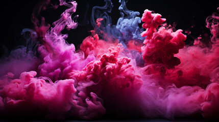 Fototapeta premium Pink smoke on black ink background, colorful fog, abstract swirling touch ocean sea, acrylic paint pigment underwater