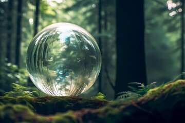 Transparent glass sphere in the forest, environmentalism concept