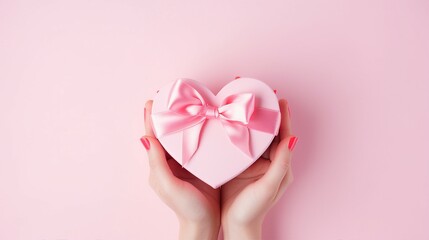 Young Woman's Delicate Hands Holding Romantic Heart-shaped Giftbox for Valentine's Day Celebration – Stylish and Trendy Love Concept on Isolated Pink Background