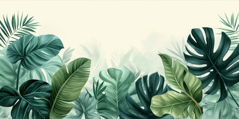 Artistic rendition of various tropical leaves in shades of green with a watercolor effect on a plain background.
