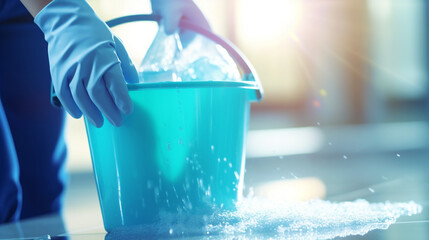 close up photography of a hand holding a light blue bucket for cleaning created with Generative Ai