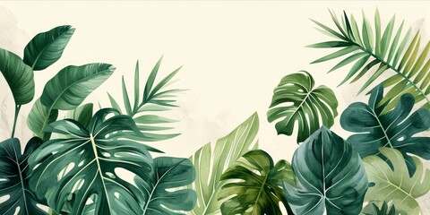 Artistic rendition of various tropical leaves in shades of green with a watercolor effect on a plain background.