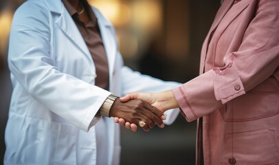 Fototapeta premium Doctor's reassuring handshake with the patient, embodying trust, warmth, and compassionate healthcare.Generated image