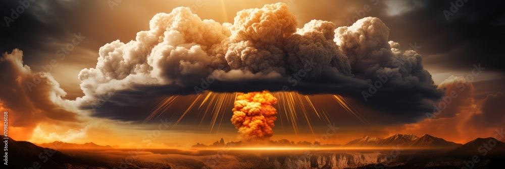 Poster nuclear explosion of an atom bomb with a mushroom cloud causing an apocalyptic armageddon through th