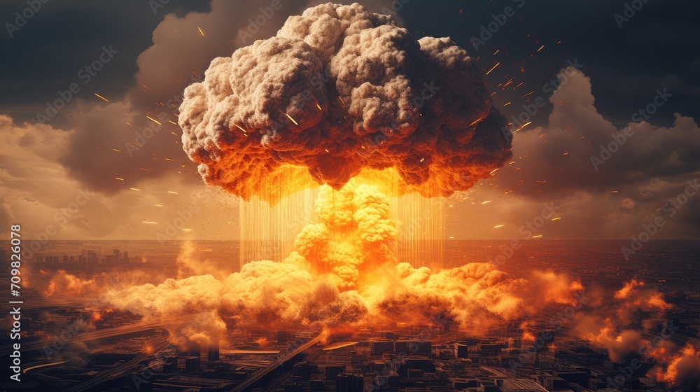 Poster nuclear explosion of an atom bomb with a mushroom cloud causing an apocalyptic armageddon through th