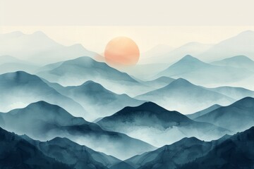 A serene watercolor painting of layered mountain ranges with a muted color palette and a bright, hazy sun.