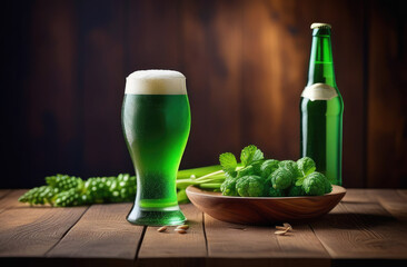 St. Patrick's Day, concept. One glass of green Irish beer with foam and a bottle of green beer stand on a wooden table, in a plate there is a hop plant.