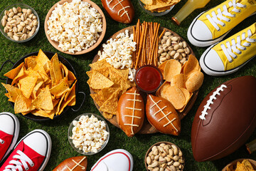 A bowl with various beer snacks and a rugby ball on the grass