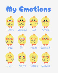 Set of cute duck with different emotions. Vector illustration in cartoon style.