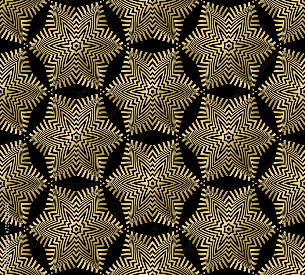 Poster seamless pattern with golden hexagonal ornament on black background. template for wrapping paper des