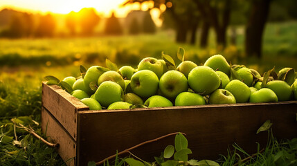 One crate with gren yellow apples on ground harvesting concept